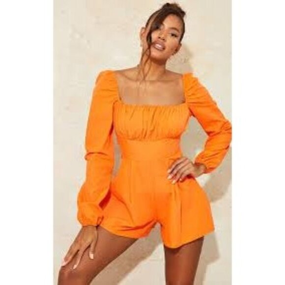 PrettyLittleThings Bright Orange Tie Back Long Sleeve Romper Size 2 - Picture 1 of 11